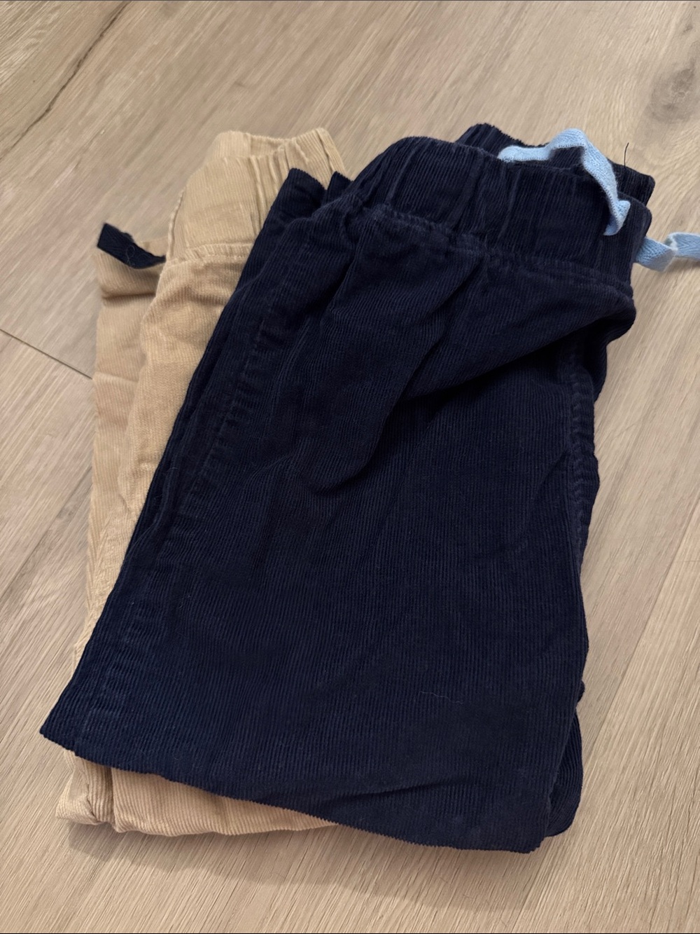 Lily and Sid Kids Corduroy Drawstring Bottoms - Navy and Tan. Sold as a set.